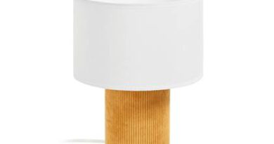 Foto Kave Home - Bianella corduroy tafellamp in mosterd